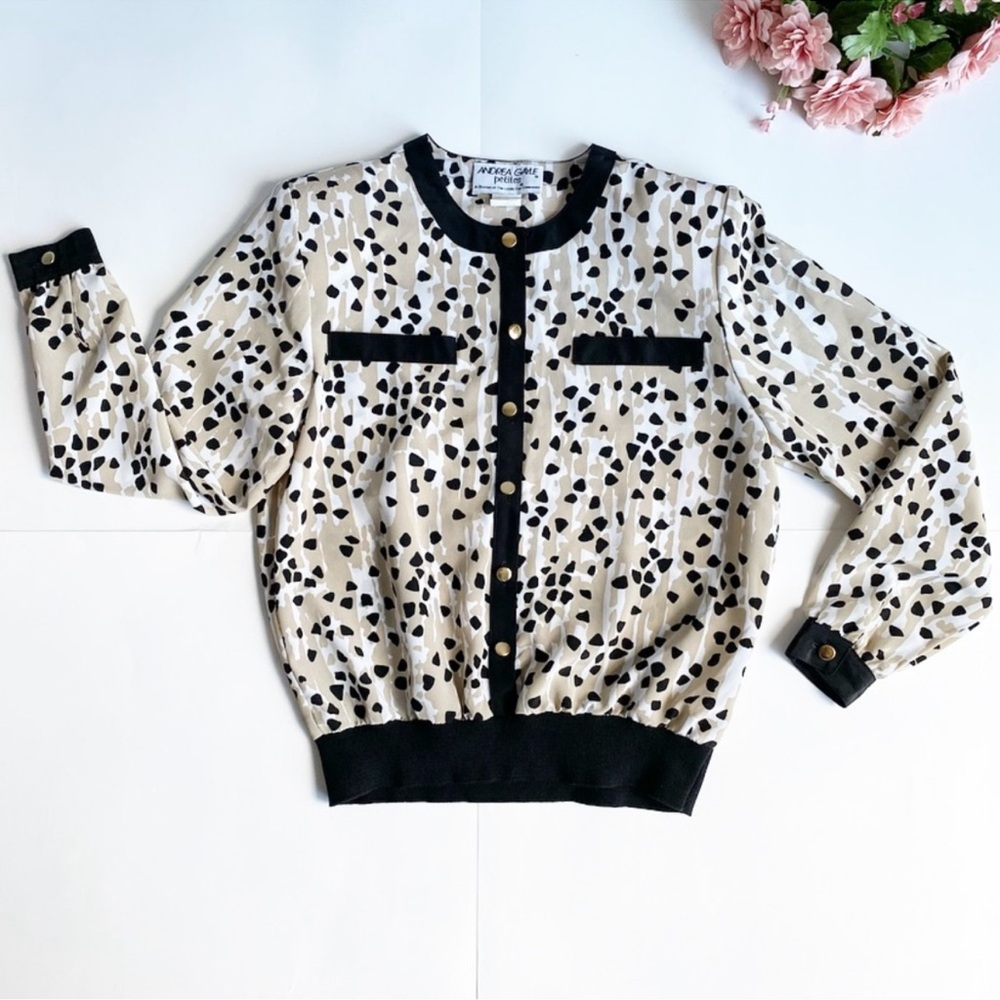 Vintage Andrea Gayle Tan Spotted Prints Button Up Bomber Blouse - Picture 14 of 14